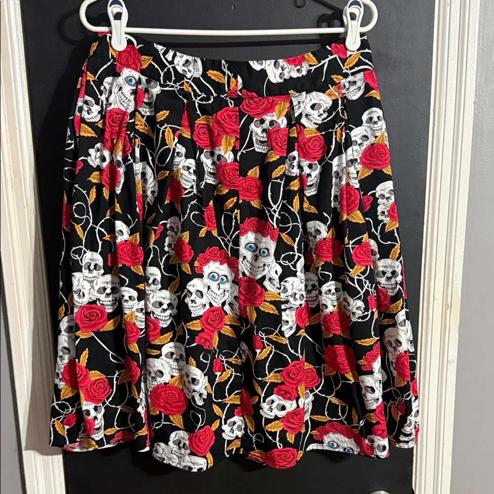 Sugar Skull & Roses Full Pleated Mini Skirt Goth Fairy Size: L
